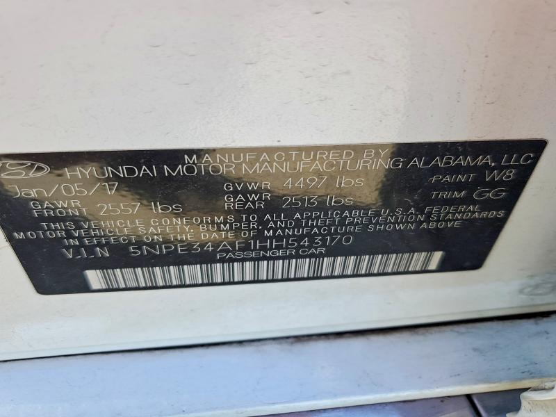 2017 Hyundai Sonata მანქანა იყიდება აუქციონზე, vin: 5NPE34AF1HH543170, აუქციონის ნომერი: 57262136