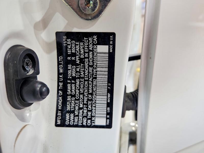Продаж на аукціоні авто 2017 Honda Civic, vin: SHHFK7H25HU407892, номер лоту: 58564596