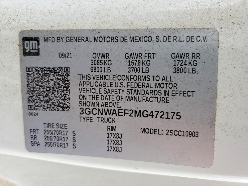 Продаж на аукціоні авто 2021 Chevrolet Silverado, vin: 3GCNWAEF2MG472175, номер лоту: 57821126