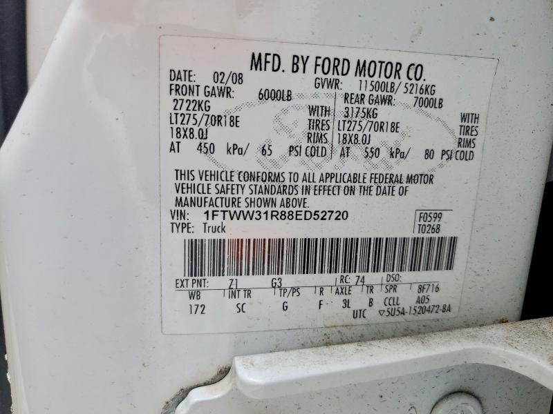 2008 Ford F350 მანქანა იყიდება აუქციონზე, vin: 1FTWW31R88ED52720, აუქციონის ნომერი: 57443296