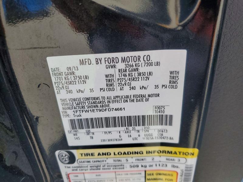 57717106 :رقم المزاد ، 1FTFW1ET9DFD74661 vin ، 2013 Ford F150 مزاد بيع