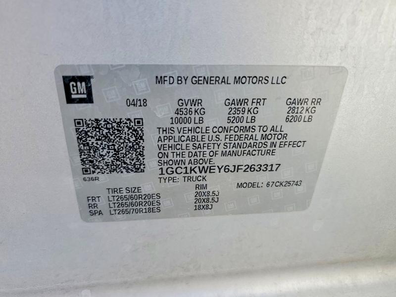 2018 Chevrolet Silverado მანქანა იყიდება აუქციონზე, vin: 1GC1KWEY6JF263317, აუქციონის ნომერი: 56861016