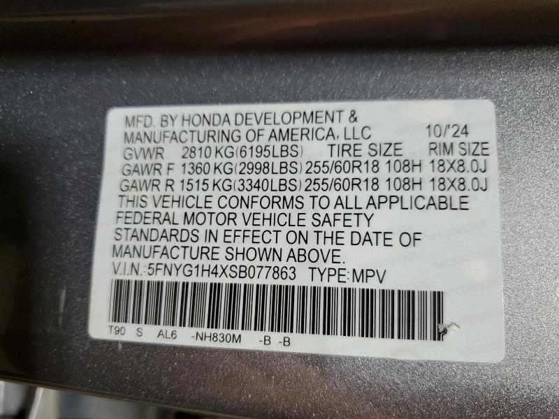56145706 :رقم المزاد ، 5FNYG1H4XSB077863 vin ، 2025 Honda Pilot مزاد بيع