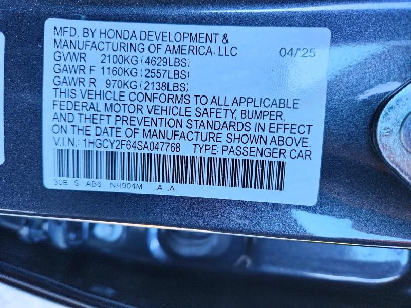 2025 Honda Accord მანქანა იყიდება აუქციონზე, vin: 1HGCY2F64SA047768, აუქციონის ნომერი: 56055076