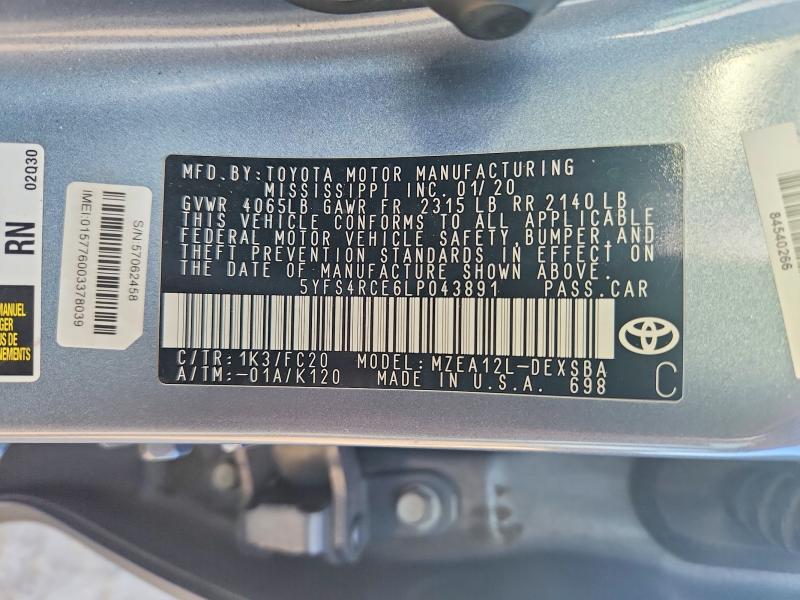 2020 Toyota Corolla მანქანა იყიდება აუქციონზე, vin: 5YFS4RCE6LP043891, აუქციონის ნომერი: 56931196