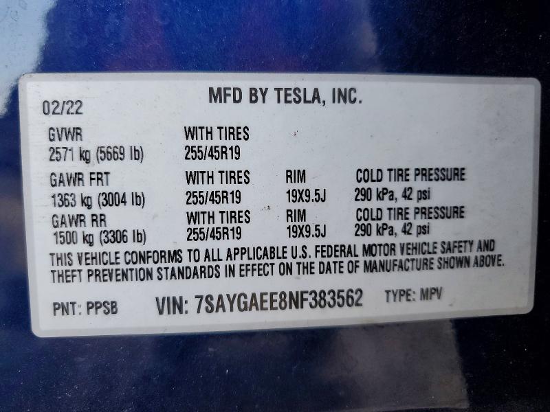 85457635 :رقم المزاد ، 7SAYGAEE8NF383562 vin ، 2022 Tesla Model Y مزاد بيع