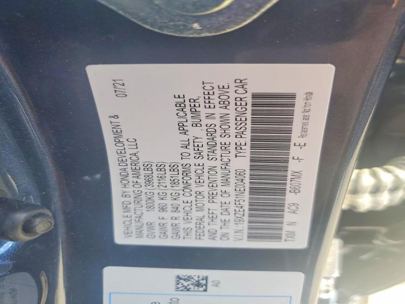 2022 Honda Insight მანქანა იყიდება აუქციონზე, vin: 19XZE4F51NE004060, აუქციონის ნომერი: 57008216