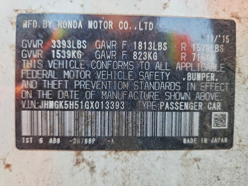 2016 Honda Fit მანქანა იყიდება აუქციონზე, vin: JHMGK5H51GX013393, აუქციონის ნომერი: 58495546
