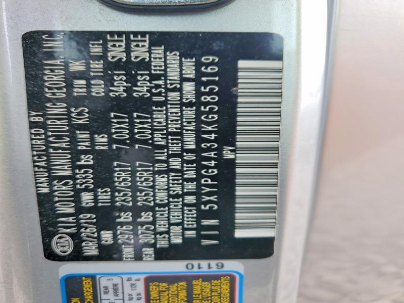Aukcja sprzedaży 2019 Kia Sorento, vin: 5XYPG4A34KG585169, numer aukcji: 59011046