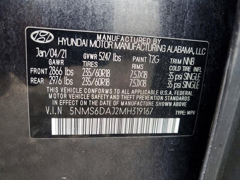 58263846 :رقم المزاد ، 5NMS6DAJ2MH319167 vin ، 2021 Hyundai Santa Fe مزاد بيع