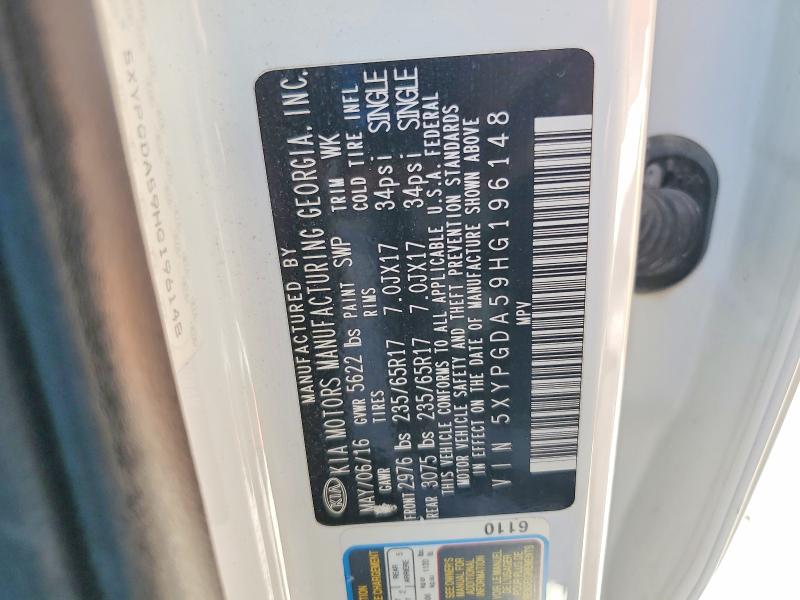 2017 Kia Sorento მანქანა იყიდება აუქციონზე, vin: 5XYPGDA59HG196148, აუქციონის ნომერი: 58577986