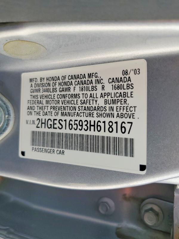 56303486 :رقم المزاد ، 2HGES16593H618167 vin ، 2003 Honda Civic مزاد بيع