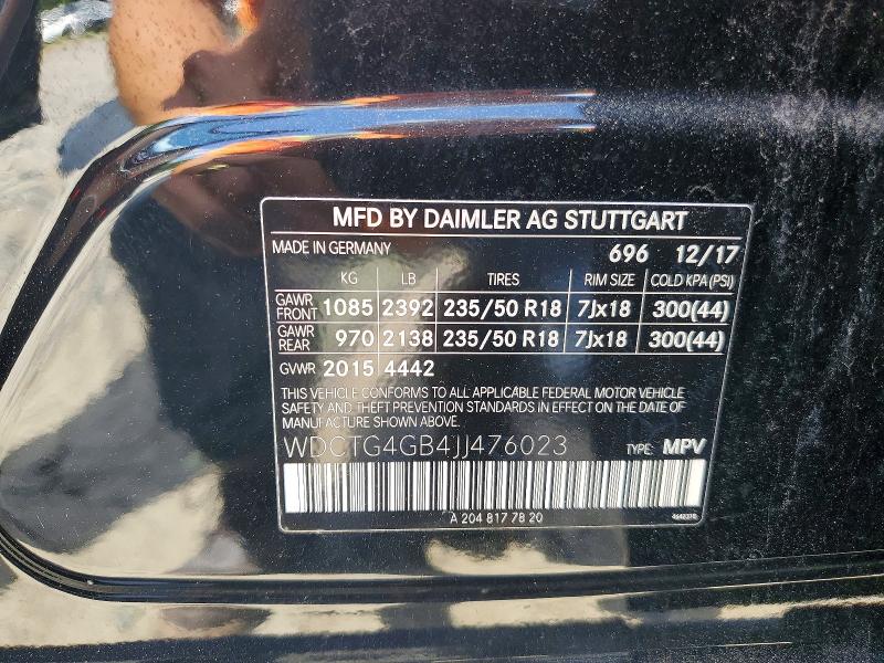 2018 Mercedes-benz Gla მანქანა იყიდება აუქციონზე, vin: WDCTG4GB4JJ476023, აუქციონის ნომერი: 57813326