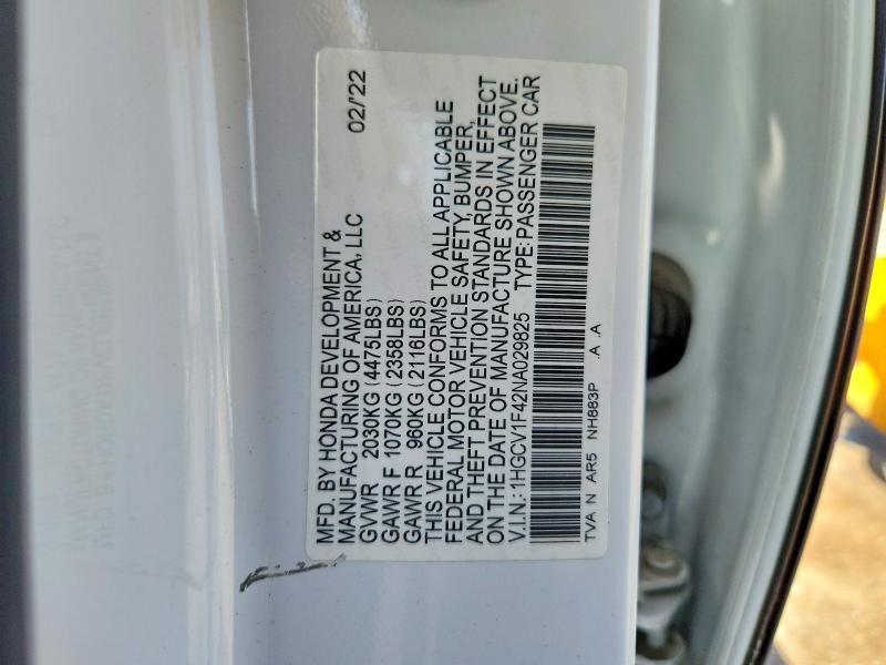 Aukcja sprzedaży 2022 Honda Accord, vin: 1HGCV1F42NA029825, numer aukcji: 57178516