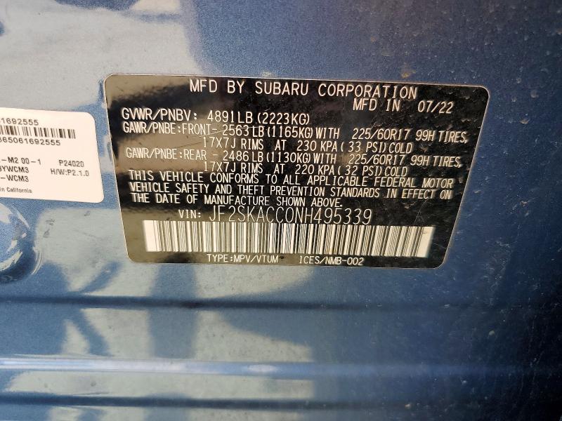 59130366 :رقم المزاد ، JF2SKACC0NH495339 vin ، 2022 Subaru Forester مزاد بيع