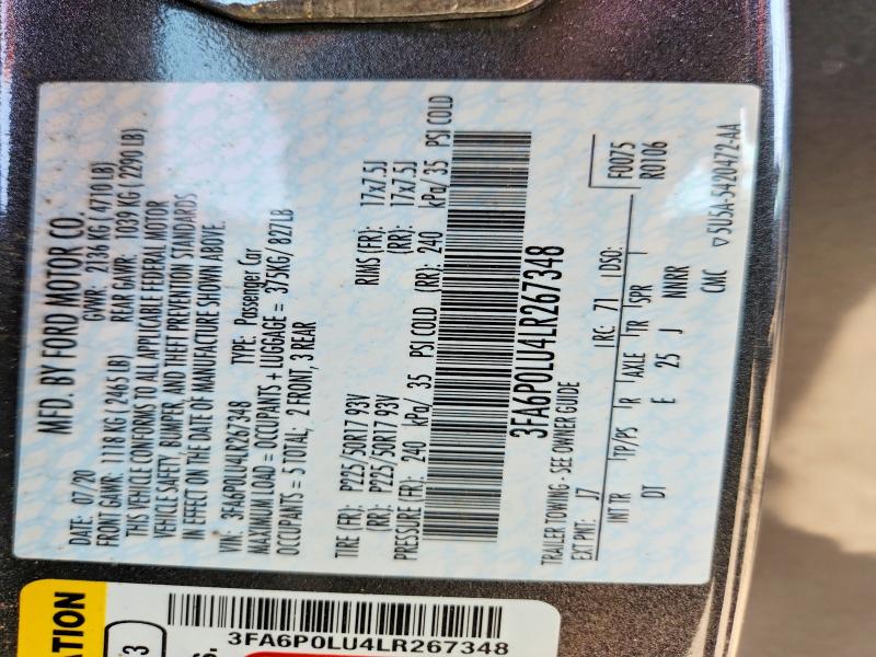 56412806 :رقم المزاد ، 3FA6P0LU4LR267348 vin ، 2020 Ford Fusion مزاد بيع