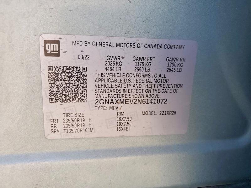 Продаж на аукціоні авто 2022 Chevrolet Equinox, vin: 2GNAXMEV2N6141072, номер лоту: 54663626