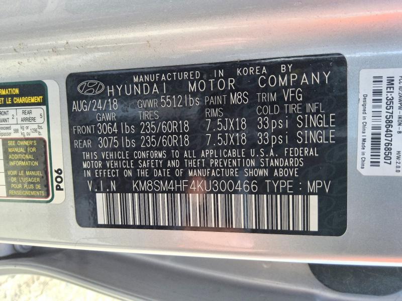 2019 Hyundai Santa Fe Xl მანქანა იყიდება აუქციონზე, vin: KM8SM4HF4KU300466, აუქციონის ნომერი: 57327246