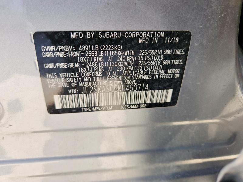 2019 Subaru Forester მანქანა იყიდება აუქციონზე, vin: JF2SKASC5KH460714, აუქციონის ნომერი: 57835506