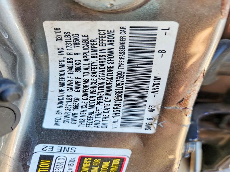 56062866 :رقم المزاد ، 1HGFA16566L057599 vin ، 2006 Honda Civic مزاد بيع