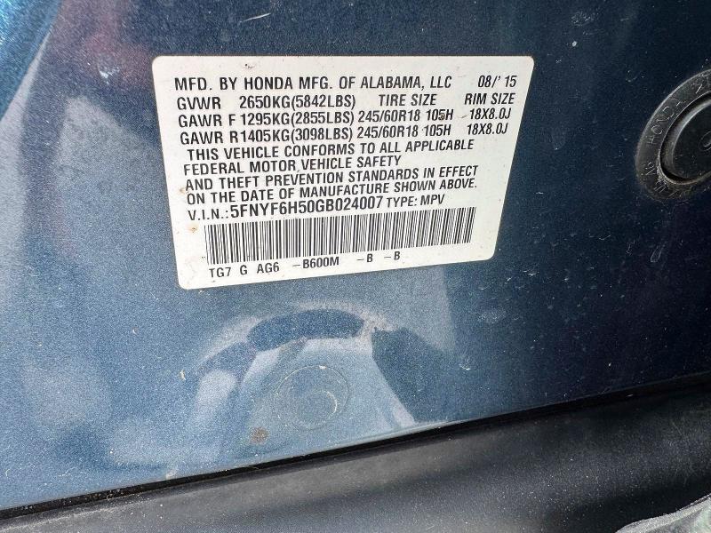 56618506 :رقم المزاد ، 5FNYF6H50GB024007 vin ، 2016 Honda Pilot مزاد بيع