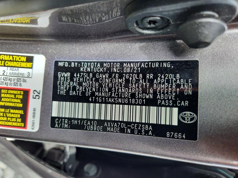 Продажа на аукционе авто 2022 Toyota Camry, vin: 4T1G11AK5NU618301, номер лота: 55544176