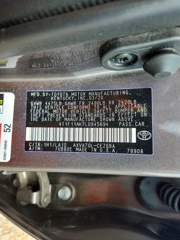 Aukcja sprzedaży 2020 Toyota Camry, vin: 4T1F11AK7LU945694, numer aukcji: 58897986