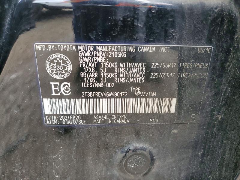 58382436 :رقم المزاد ، 2T3BFREV4GW490173 vin ، 2016 Toyota Rav4 مزاد بيع