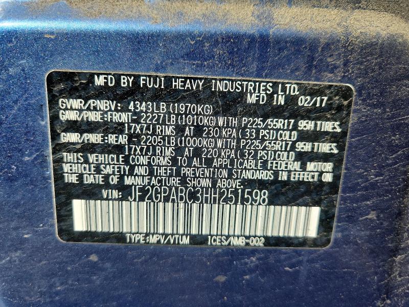 2017 Subaru Crosstrek მანქანა იყიდება აუქციონზე, vin: JF2GPABC3HH251598, აუქციონის ნომერი: 56114446