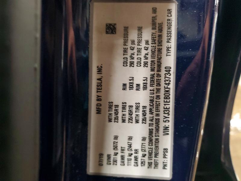 Продажа на аукционе авто 2019 Tesla Model 3, vin: 5YJ3E1EB0KF437340, номер лота: 58042876