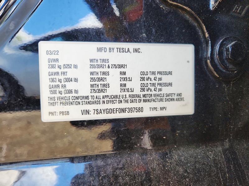 2022 Tesla Model Y მანქანა იყიდება აუქციონზე, vin: 7SAYGDEF0NF397580, აუქციონის ნომერი: 54968326
