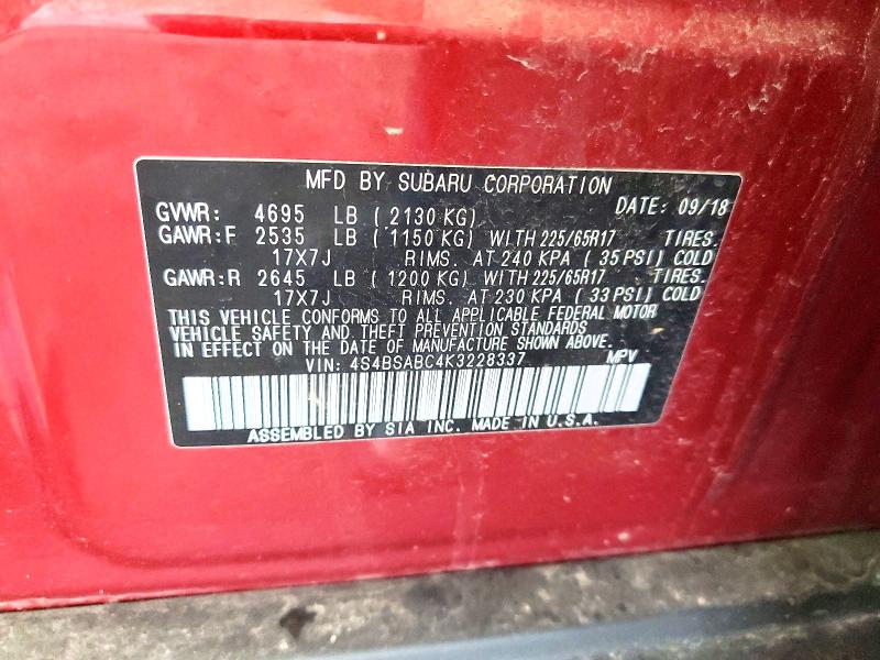 Aukcja sprzedaży 2019 Subaru Outback, vin: 4S4BSABC4K3228337, numer aukcji: 56847666