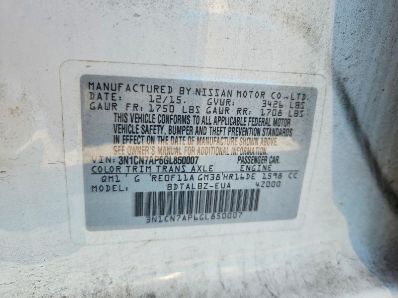Aukcja sprzedaży 2016 Nissan Versa, vin: 3N1CN7AP6GL850007, numer aukcji: 58778786