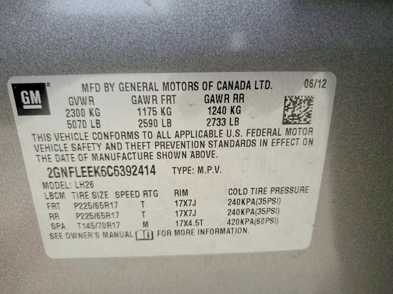 55837956 :رقم المزاد ، 2GNFLEEK6C6392414 vin ، 2012 Chevrolet Equinox مزاد بيع
