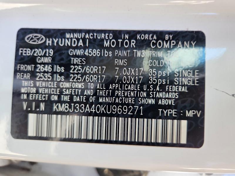 56870316 :رقم المزاد ، KM8J33A40KU969271 vin ، 2019 Hyundai Tucson مزاد بيع