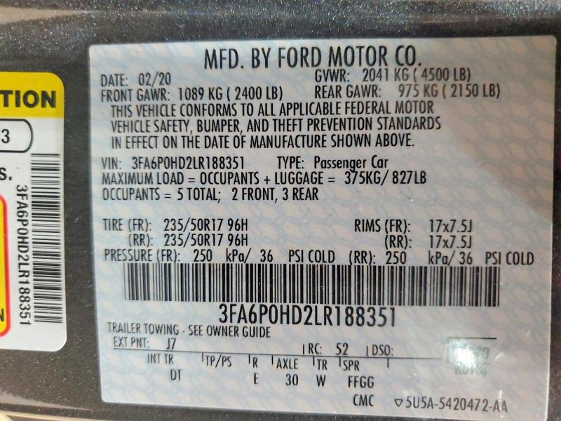 Aukcja sprzedaży 2020 Ford Fusion, vin: 3FA6P0HD2LR188351, numer aukcji: 59191976