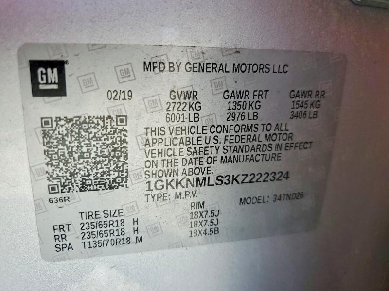 2019 Gmc Acadia მანქანა იყიდება აუქციონზე, vin: 1GKKNMLS3KZ222324, აუქციონის ნომერი: 56283476
