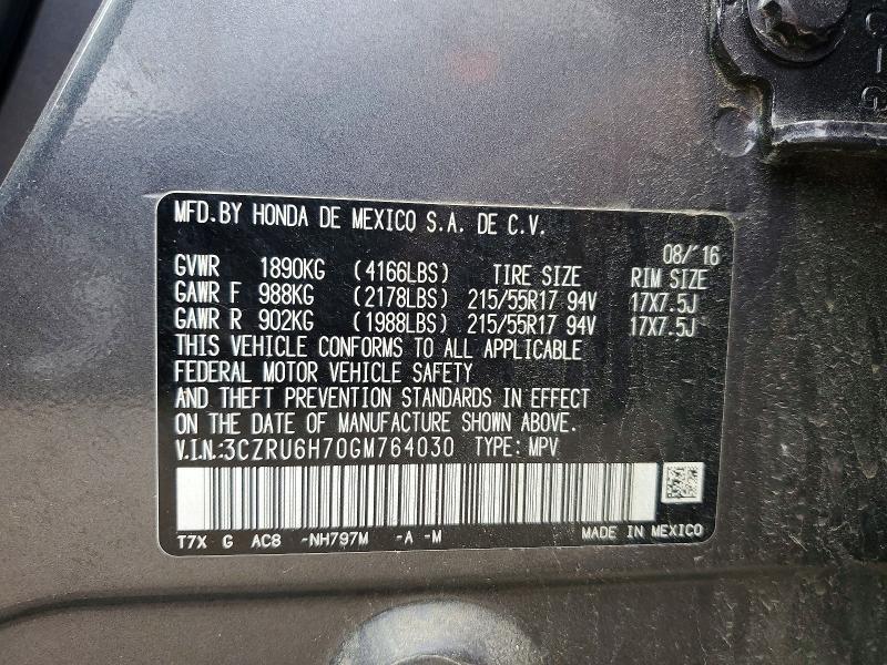58078906 :رقم المزاد ، 3CZRU6H70GM764030 vin ، 2016 Honda Hr-v مزاد بيع