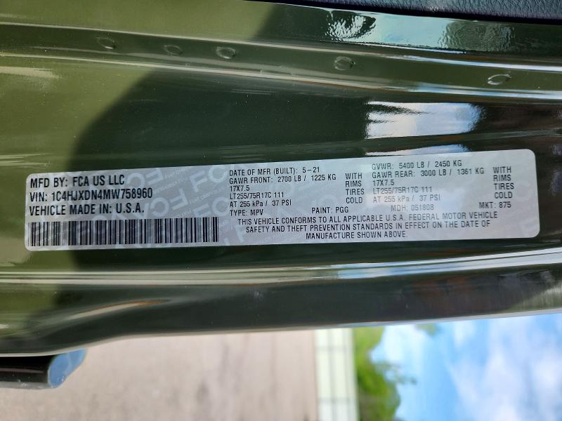 Aukcja sprzedaży 2021 Jeep Wrangler Unlimited, vin: 1C4HJXDN4MW758960, numer aukcji: 57668166