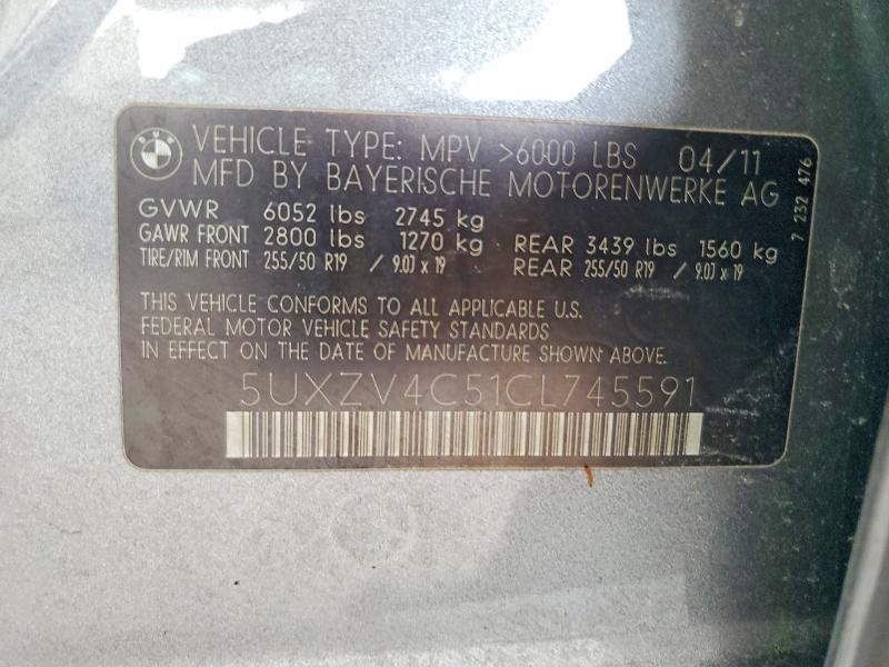 55822526 :رقم المزاد ، 5UXZV4C51CL745591 vin ، 2012 Bmw X5 مزاد بيع