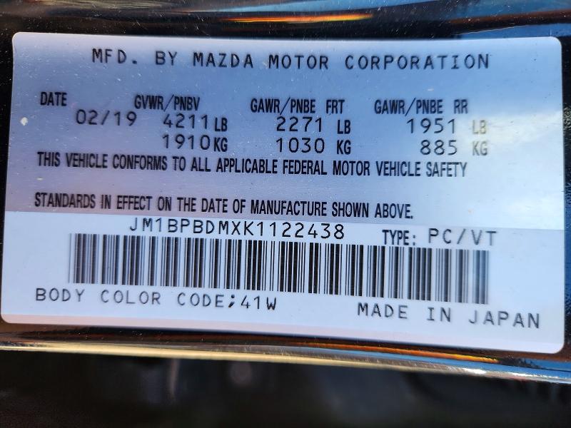 58518546 :رقم المزاد ، JM1BPBDMXK1122438 vin ، 2019 Mazda 3 مزاد بيع