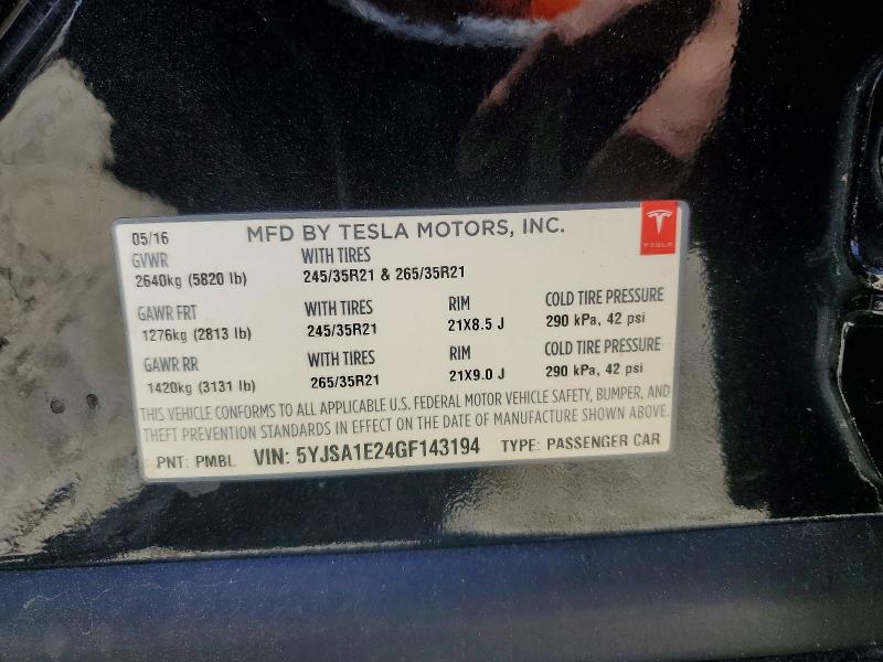 56030986 :رقم المزاد ، 5YJSA1E24GF143194 vin ، 2016 Tesla Model S مزاد بيع