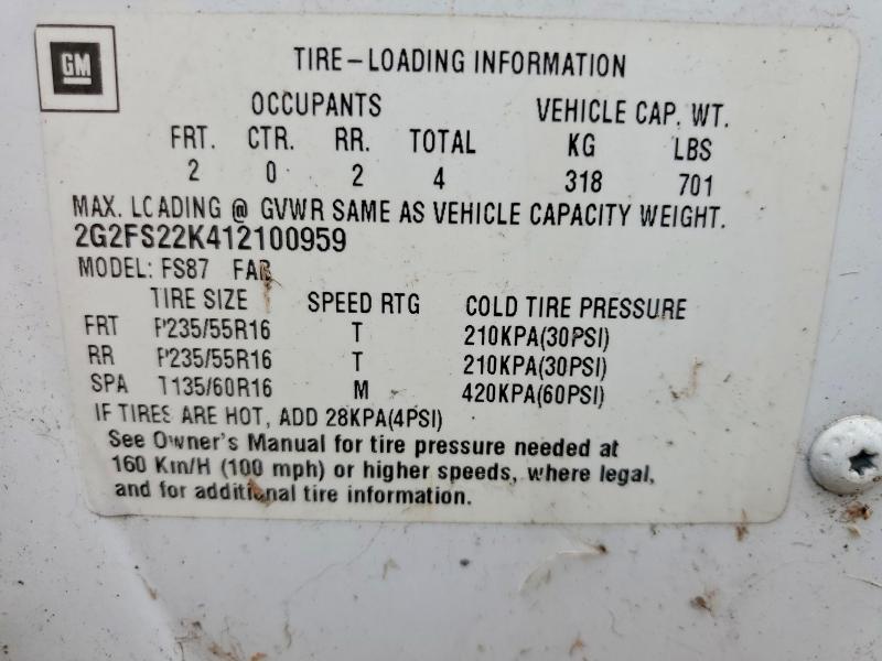 2001 Pontiac Firebird მანქანა იყიდება აუქციონზე, vin: 2G2FS22K412100959, აუქციონის ნომერი: 58943936