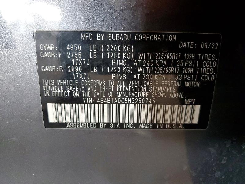 Продаж на аукціоні авто 2022 Subaru Outback, vin: 4S4BTADC5N3260745, номер лоту: 56800016