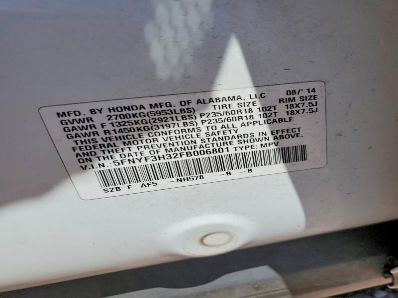 59273386 :رقم المزاد ، 5FNYF3H32FB006801 vin ، 2015 Honda Pilot مزاد بيع