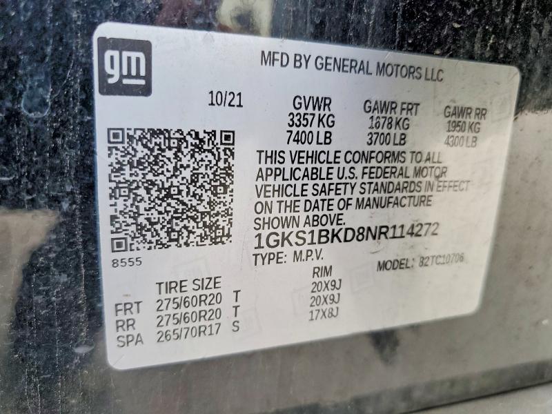 57124276 :رقم المزاد ، 1GKS1BKD8NR114272 vin ، 2022 Gmc Yukon مزاد بيع
