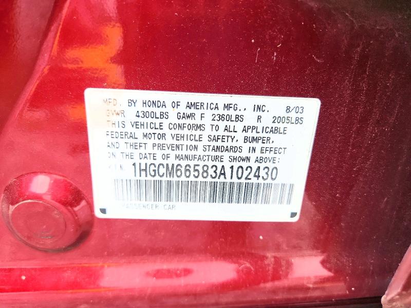 Aukcja sprzedaży 2003 Honda Accord, vin: 1HGCM66583A102430, numer aukcji: 56516296