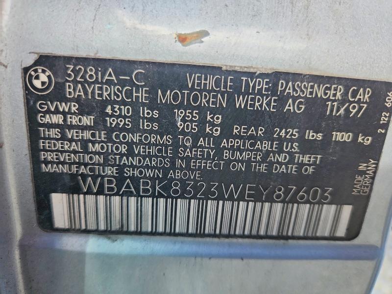 Aukcja sprzedaży 1998 Bmw 328, vin: WBABK8323WEY87603, numer aukcji: 56818716