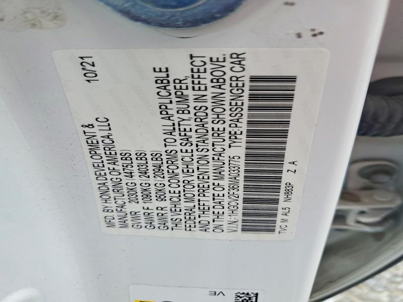 Продаж на аукціоні авто 2021 Honda Accord, vin: 1HGCV2F36MA033775, номер лоту: 58095966