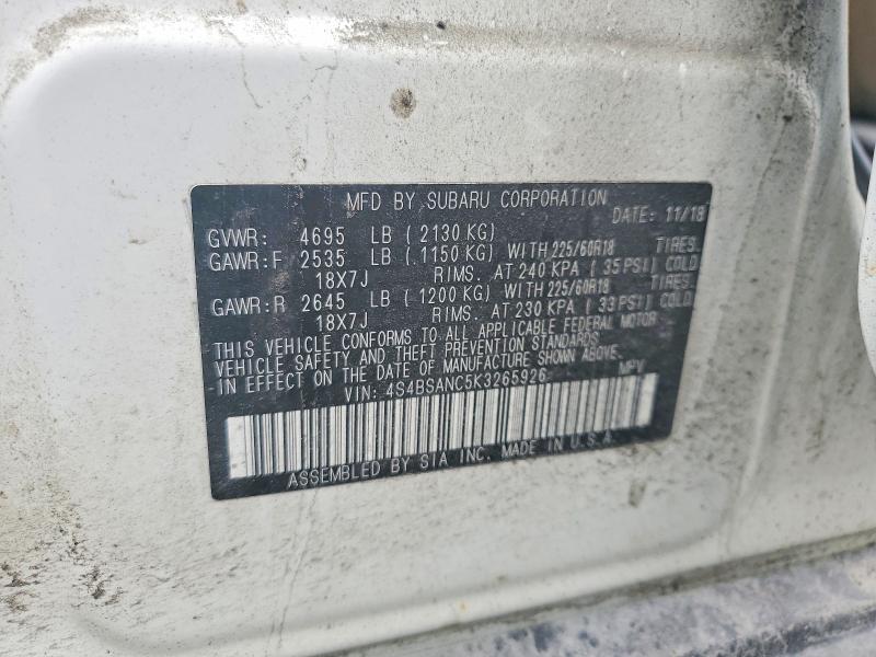 58104336 :رقم المزاد ، 4S4BSANC5K3265926 vin ، 2019 Subaru Outback مزاد بيع